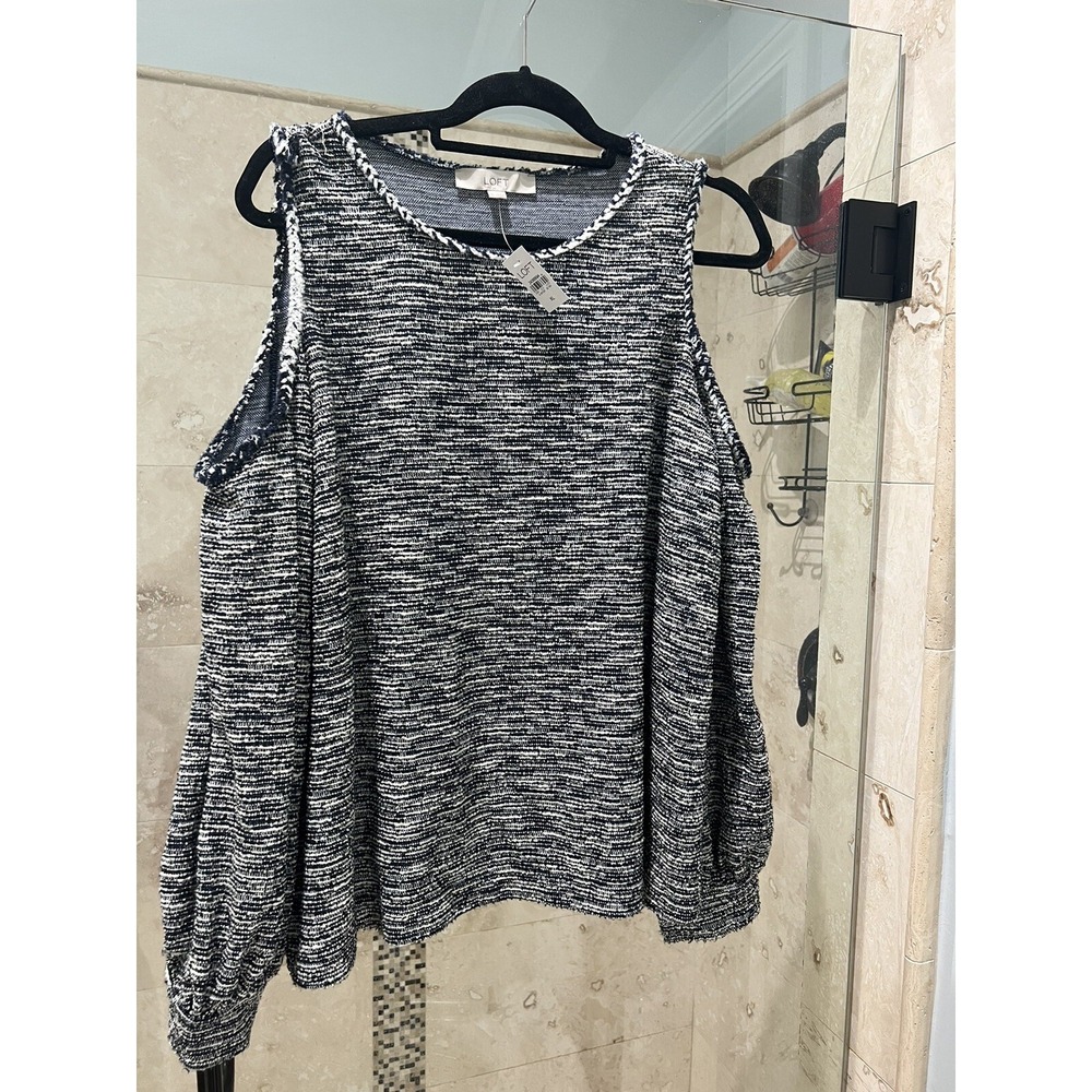 LOFT Cold Shoulder Knit Sweater XL Navy Blue White Striped Balloon Sleeve NWT